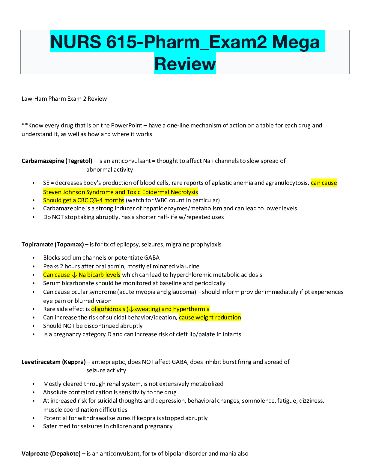Preview of NURS 615-Pharm_Exam2 Mega Review